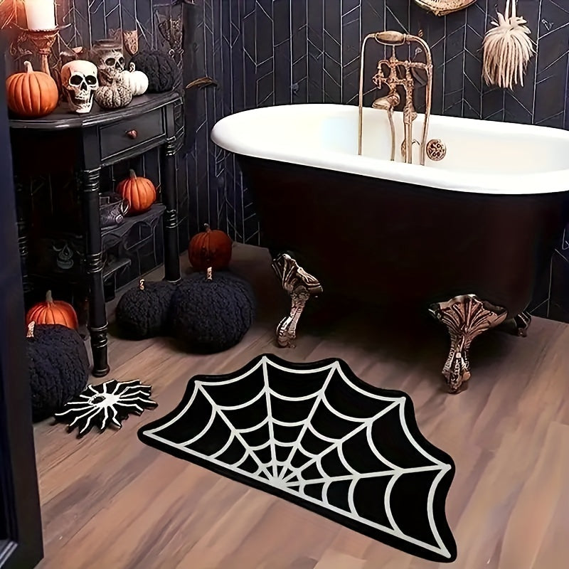 Spooky Halloween Spider Web Area Rug - Gothic Home Decor, Non-Slip Fleece Mat For Front Door & Porch, Black And White,