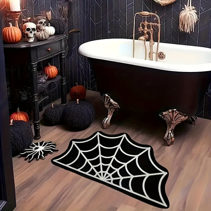 Spooky Halloween Spider Web Area Rug - Gothic Home Decor, Non-Slip Fleece Mat For Front Door & Porch, Black And White,