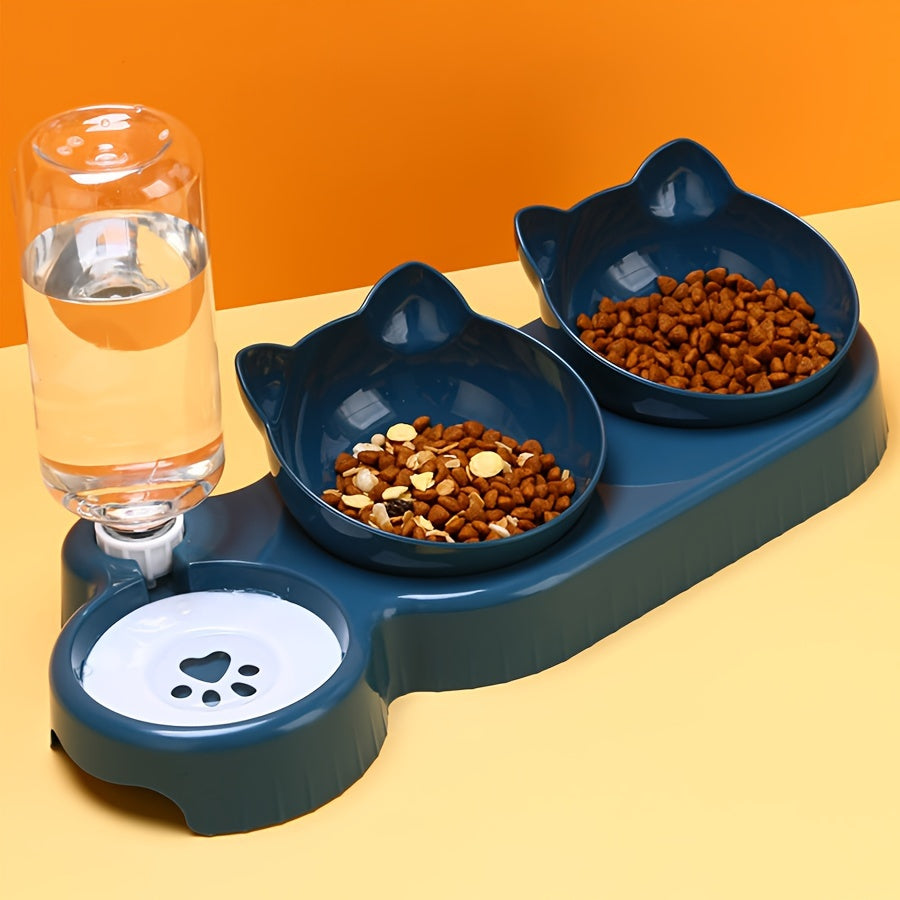 3-in-1 Pet Feeder with Automatic Water Bottle, Dual Bowl, Tilted & Rotatable Design - Plastic Feeding & Watering Supplies for Cats, Dogs, and Rabbits