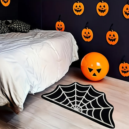 Spooky Halloween Spider Web Area Rug - Gothic Home Decor, Non-Slip Fleece Mat For Front Door & Porch, Black And White,