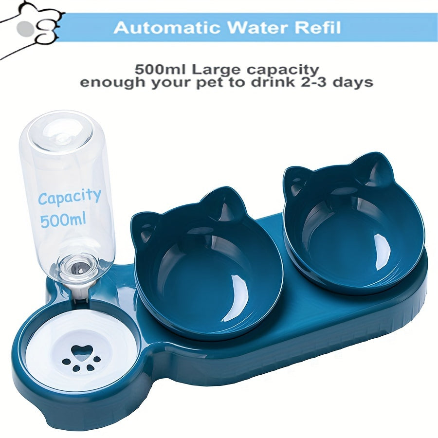 3-in-1 Pet Feeder with Automatic Water Bottle, Dual Bowl, Tilted & Rotatable Design - Plastic Feeding & Watering Supplies for Cats, Dogs, and Rabbits