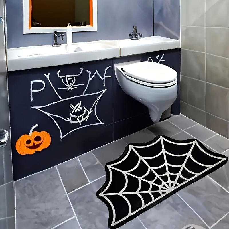 Spooky Halloween Spider Web Area Rug - Gothic Home Decor, Non-Slip Fleece Mat For Front Door & Porch, Black And White,