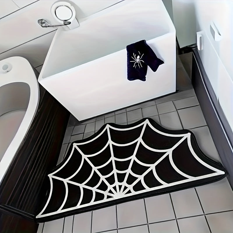 Spooky Halloween Spider Web Area Rug - Gothic Home Decor, Non-Slip Fleece Mat For Front Door & Porch, Black And White,