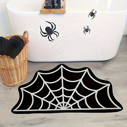 Spooky Halloween Spider Web Area Rug - Gothic Home Decor, Non-Slip Fleece Mat For Front Door & Porch, Black And White,