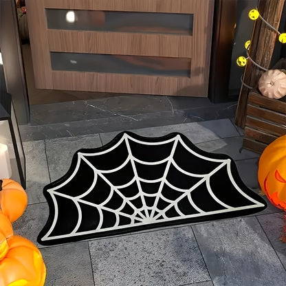 Spooky Halloween Spider Web Area Rug - Gothic Home Decor, Non-Slip Fleece Mat For Front Door & Porch, Black And White,